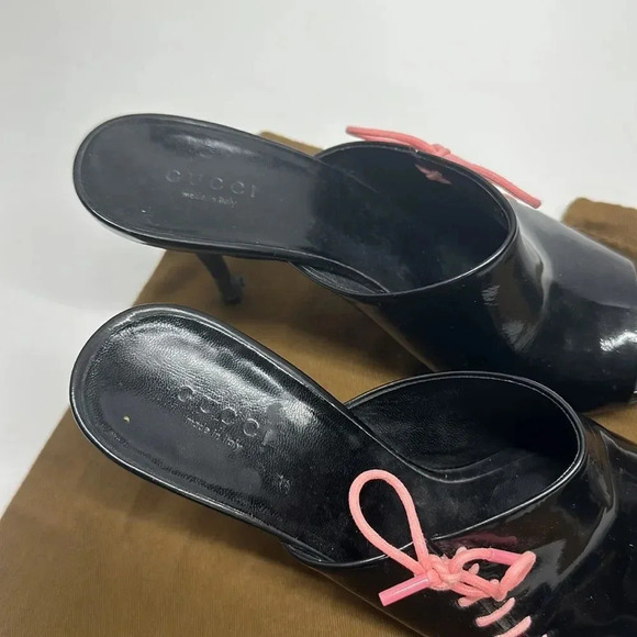 Gucci Heels Open Toe Mules Black Patent Leather Lace Up Pink Y2K Vintage 6.5 - Picture 6 of 12